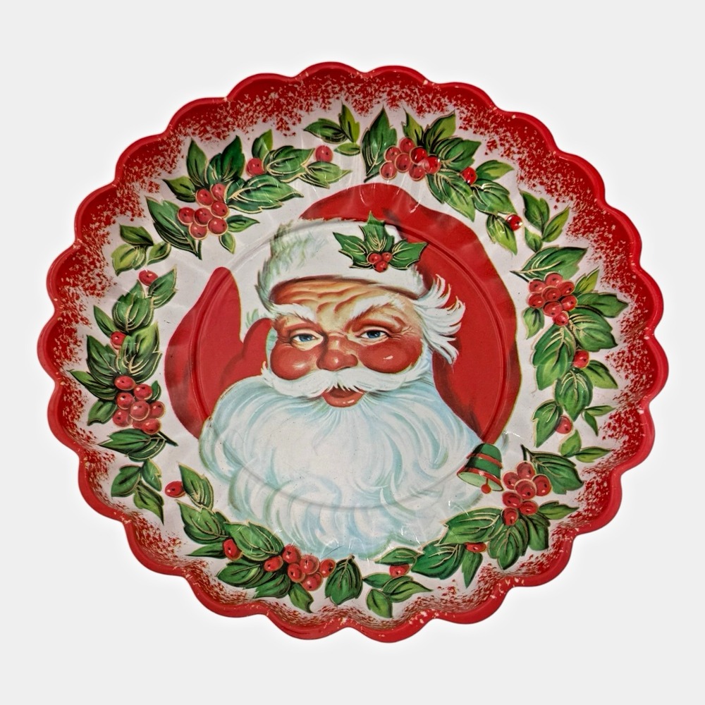 1960s Santa & Holly Vacuform Plastic Cookie Tray Scalloped 10" Christmas Vintage